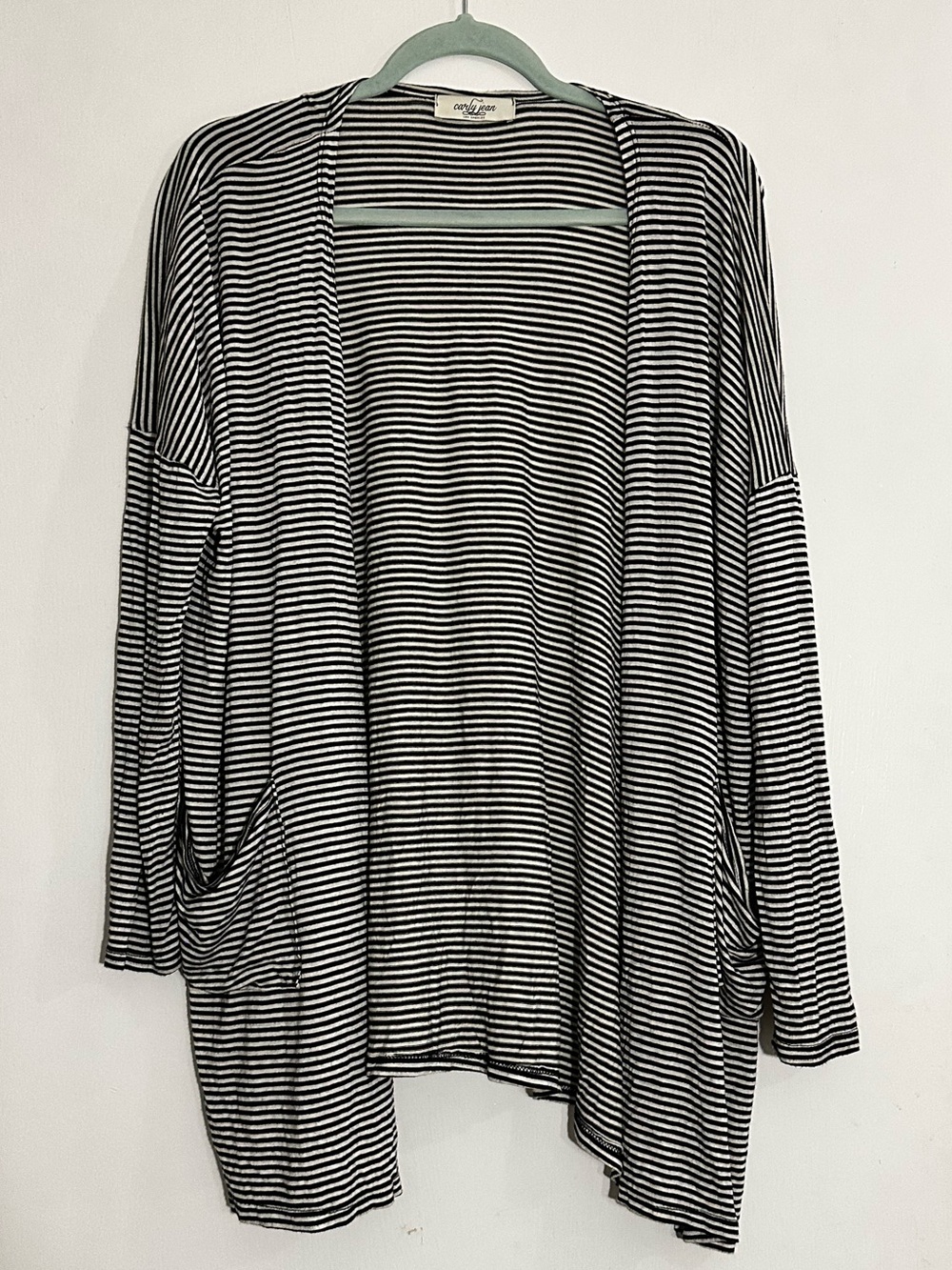 Carly Jean Black & White Soft Striped Draped Cardigan